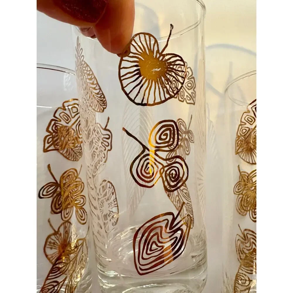 Sold sold sold Libbey Tumblers Gold White Leaves MCM Set of 4 Drinkware Barware - Picture 4 of 5